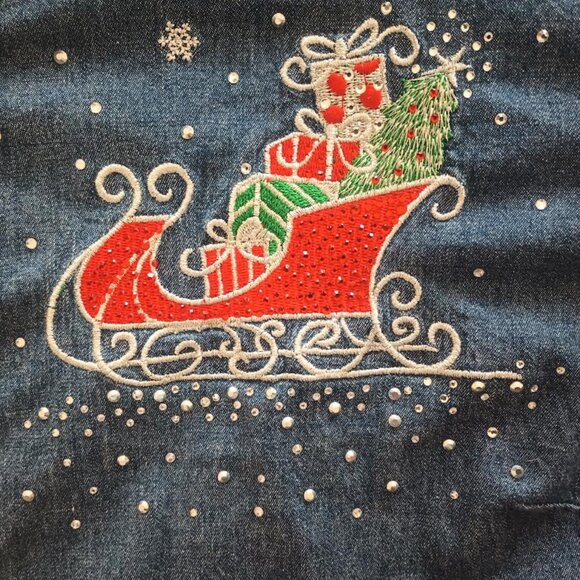 QUACKER FACTORY WOMEN'S CHRISTMAS DENIM SHIRT LONG ROLL TAB SLEEVE SLED SIZE 1X - Picture 3 of 6